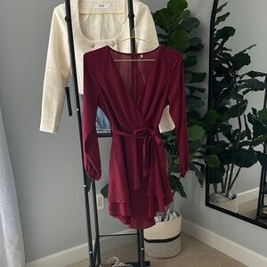 Elegant Long Sleeve Burgundy Wrap Dress